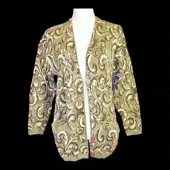 SAVILLE - RENA ROWAN Woman's SAGE GREEN w/IVORY Print Cardigan Tunic Sweater Sm - Picture 3 of 4